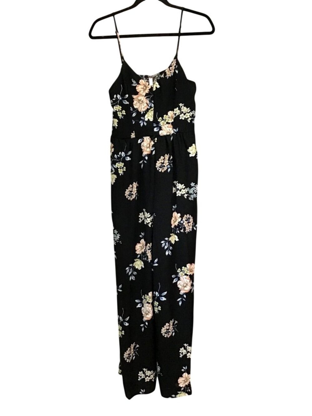 XHILARATION WOMENS BLACK FLORAL PULLOVER WIDE LEG STRAPPY JUMPSUIT SIZE MEDIUM